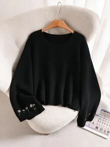 CosyJoli 大尺碼灰玫瑰色喇叭袖長袖刺繡圓領針織衫，柔軟修身休閒度假正式款秋冬上衣 - 黑色 - 查看 5