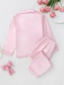 SHEIN 女童甜美可愛優雅休閒日常舒適梭織緞面仿絲綢布料粉色蝴蝶結印花開襟長袖上衣與長褲2件套居家服 - 淺粉色 - 查看 2