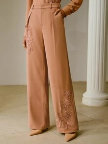 ZEYLAH Women's Embroidered Beaded Tube Pocket Suit Pants For Office - Khaki - View 7