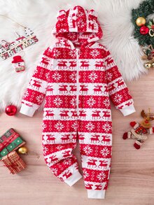 SHEIN Young Boy Christmas Reindeer Print Zipper Front Cute Hooded Jumpsuit - Red - View 4