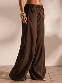 Opulessa Women's Vacation Waist Tie Wide Leg Loose Cover-Up Pants - Khaki - View 6