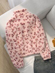 SHEIN 少女針織蝴蝶結毛絨立領半拉鍊拼接寬鬆休閒長袖秋冬衛衣 - 粉色 - 查看 2