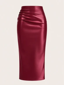 GlowEve Solid Color Pleated Back Zipper Slit Skirt Burgundy Maxi Women Outfit - Burgundy - View 3