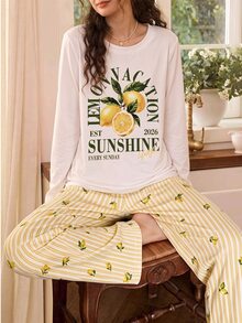 Tulorae Women's Casual Round Neck Pastoral Lemon Striped Print Long Sleeve Long Pants Pajama Set - Multicolor - View 6