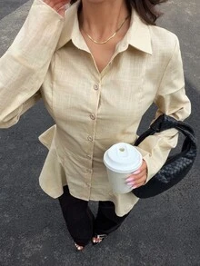 Siren Gaze 100% Pure Cotton Asymmetrical Waist Tie Back Elegant Ruffle Blouse, Fitted Shirt - Apricot - View 5