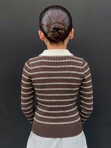 Hapijoa Polo Collar Fitted Long Sleeve Basic Top Autumn/Winter Girls (Large) Knitted Top - Brown - View 2