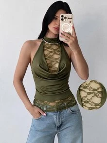 Firerie Draped Neck Tie Back Open Back Lace Patchwork Maillard Color Fitted Sleeveless Tank Top For Women - Army Green - View 7