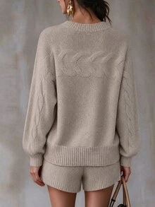 LUMIGAL Women's 2 Pieces Apricot Cable Knit Sweater Set, Winter Commuter Casual Relaxed Style - Apricot - View 2