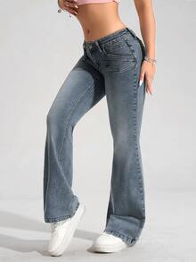 SHEIN Tall Women's Street Style Casual Button Flared Jeans Everyday Date Fall - Light Wash - View 3