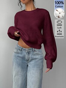 SHEIN BASICS 女款圓領長袖純色毛衣，純白色，適合早午餐、學校、居家、日常穿著，秋季休閒基礎款，適合畢業季與大學生活 - Purple Wisdom - 查看 3