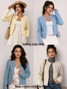SHEIN BASICS 女款復古休閒純色單排扣長袖針織開襟衫 適合辦公、日常、校園、商務場合 橄欖綠 秋冬款 - 霧霾藍 - 查看 7
