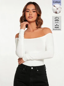 SHEIN BASICS 女款露肩長袖緊身連身衣 夜黑 秋季性感 秋冬款 - 白色 - 查看 3