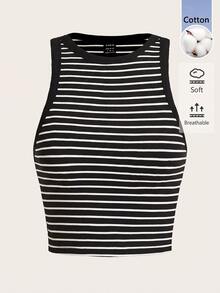SHEIN BASICS 女款條紋圓領休閒百搭背心 - 黑與白 - 查看 1