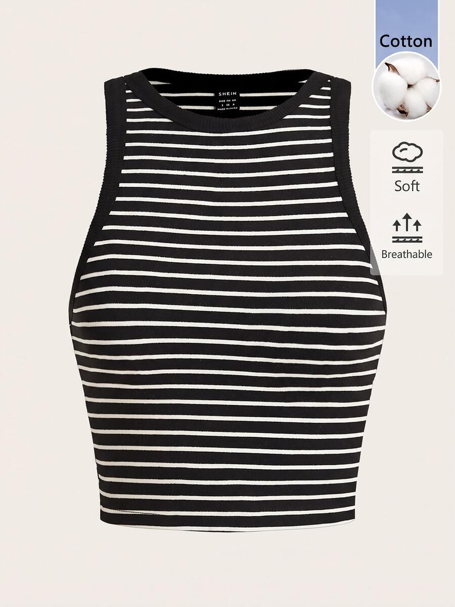 SHEIN BASICS 女款條紋圓領休閒百搭背心 - 黑與白 - 查看 1