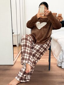 Napfluff CURVE Napfluff CURVE Plus Size Heart & Letter Embroidered Flannel Long Sleeve Top And Plaid Pants Pajama Set - Brown - View 4