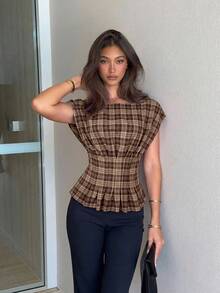 Siren Gaze Women's Plaid Pleated Casual Daily Outing Shirt - Multicolor - View 1