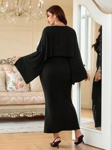 Reflora Plus Size Faux Pearl Decor Mermaid Skirt With Asymmetrical Shoulder Top 2 Pieces Set - Black - View 4