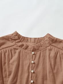 Rusticease Plus Size Autumn Vacation Solid Color Ruffle Collar Patchwork Water-Soluble Lace Front Button Lantern Sleeve Blouse White Elegant Boho Beach Fall - Mocha Brown - View 3