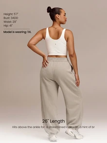 GLOWMODE Plus Size 26" Everyday Fleece Easy Lounge Wide-Leg Joggers With Adjustable Drawstring Waist & Hem Side Pockets Daily Casual Fall Winter Wear - Khaki - View 3