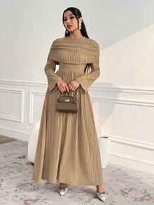 Veilorie فستان نسائي بلون موحد برقبة دائرية وأكمام طويلة بنسيج أنيق - كاكي - مشاهدة 4