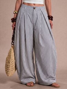 SHEIN BAE CURVE 大尺碼女款休閒波西米亞風度假黑白格紋紋理條紋寬鬆拼接長褲，適合外出、日常、萬聖節 - 藏蓝色 - 查看 1