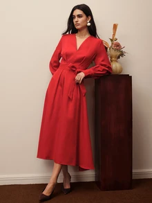 BELROSIE Women's Solid Color V-Neck Waist Knot Casual Party Dress - Burgundy - View 7