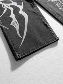 ROMWE MEN Street Life Quần jean denim nam cài cúc họa tiết nhện - Màu xanh lam - Xem 6