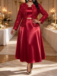 Fleurora Conjunto elegante de 2 peças para mulher plus size com casaco jacquard de frente aberta e vestido, para Natal, casamento, cocktail formal, outono