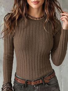 EMERY ROSE Women's Solid Color Crew Neck Long Sleeve Ribbed Casual T-Shirt Fall Cloth For Women - Coffee Brown - View 4