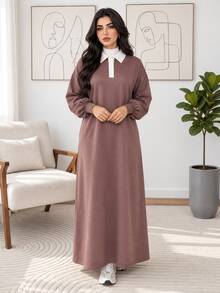 Solavon Plus Size Women's Colorblock Polo Collar Long Sleeve Casual Dress - Multicolor - View 1