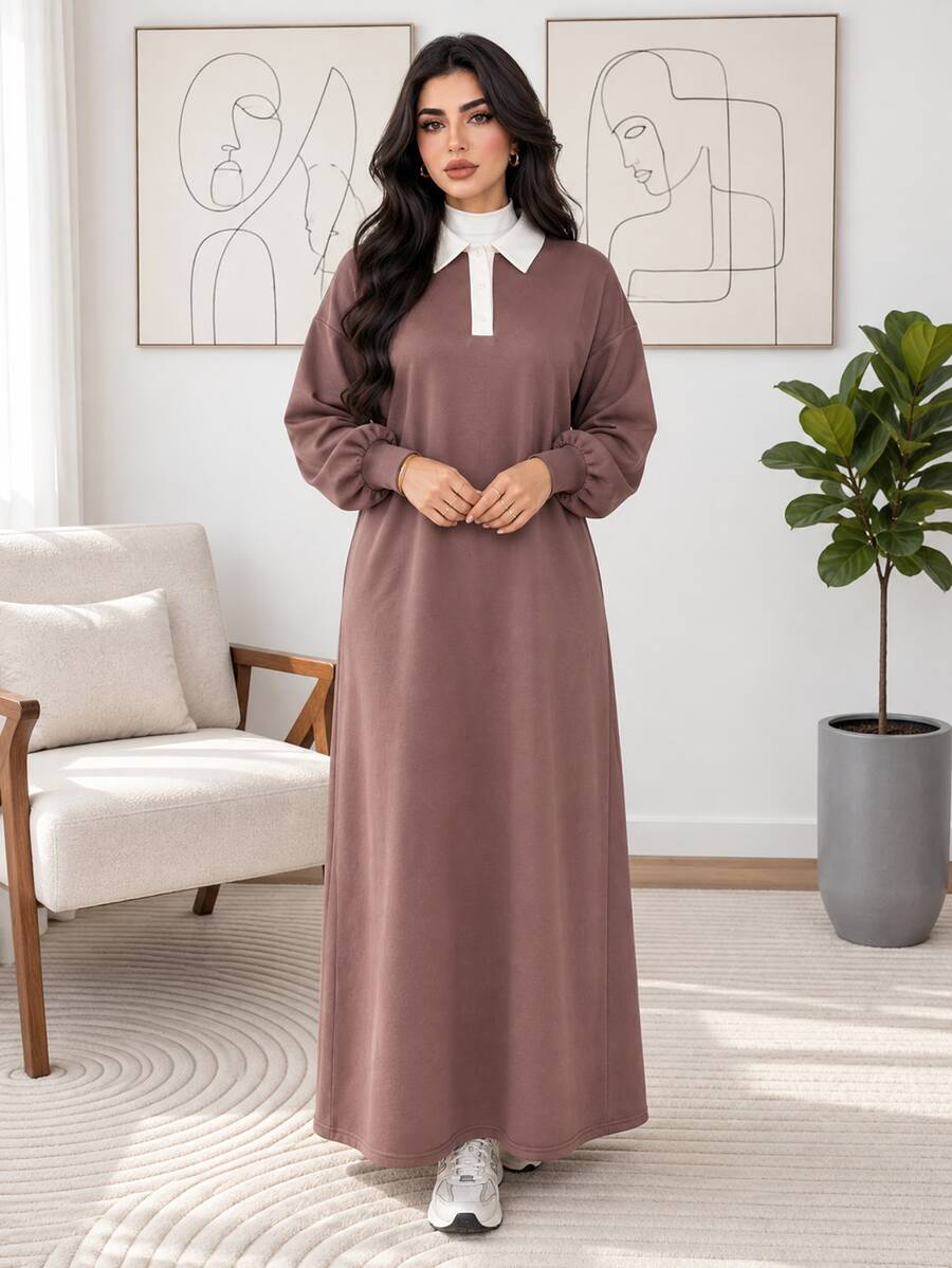 Solavon Plus Size Women's Colorblock Polo Collar Long Sleeve Casual Dress - Multicolor - View 1