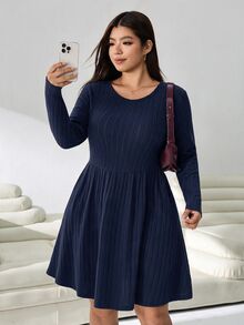 Solflare Plus Size Casual Versatile Solid Color Dress Fall - Navy Blue - View 4