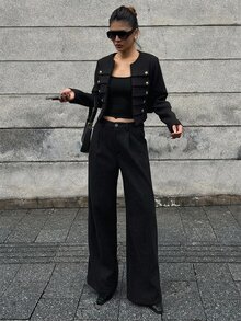 DAZY 女款兩件套：短版鈕扣裝飾羊毛混紡西裝外套與寬腿長褲，優雅通勤與街頭休閒風格，適合秋冬 - 黑色 - 查看 4