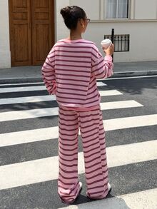Muchica 女款條紋圓領落肩長袖運動衫與長褲休閒兩件套 - 彩色 - 查看 2
