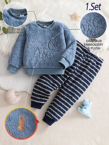 2pcs/Set Boys Dinosaur Embroidered Warm Soft Skin-Friendly Fleece Long Sleeve & Long Pants Pajamas Set - Baby Blue - View 2