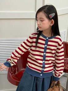 Dazy Kids (فتيات المراهقات) كنزة كارديجان كاجوال مخططة بألوان متباينة بياقة دائرية - بيج - مشاهدة 6