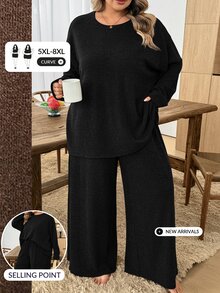 SHEIN CURVE+ 大尺碼女款秋季休閒純色巧克力棕色冬季曲線居家服兩件套秋季 - 黑色 - 查看 1