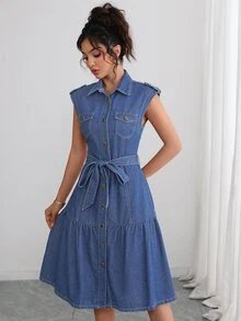 Elenzga Women's Loose Elegant Commute Casual Denim Dress - Blue - View 6