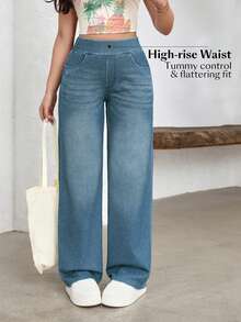 SHEIN Essnce Plus Size Women's All Season Stretch Casual Simple Knit Denim Jeans Vacation Light Blue Summer Dates Brunch - Light Wash - View 8