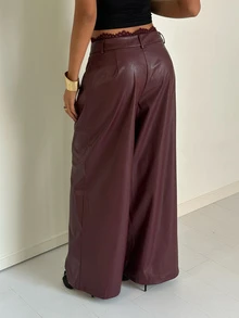 Aloruh Women's Autumn/Winter Party Elegant Lace Patchwork PU Wide Leg Pants - Burgundy - View 2