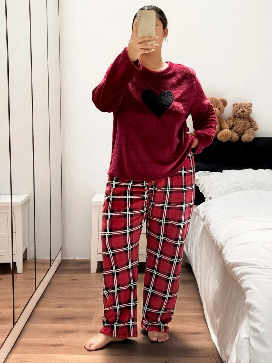 Napfluff CURVE Napfluff CURVE Heart-Shaped Flannel Long Sleeve Top And Plaid Pants Plus Size Pajama Set - Red - View 1