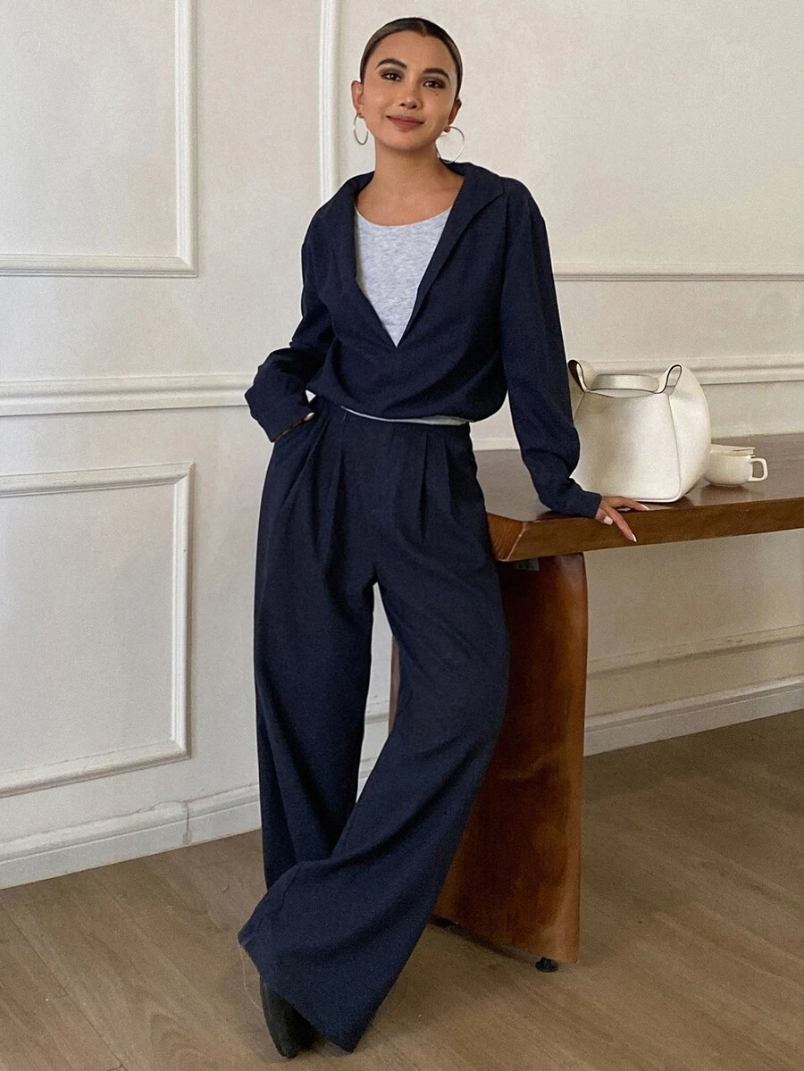 Livesso Women's Colorblock 2 In 1 Top And Loose Long Pants Two Pieces Set - Navy Blue - View 1