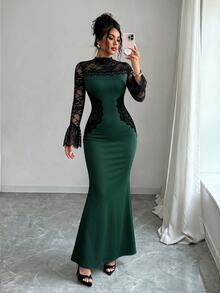 Modelyn 優雅高端女士風蕾絲拼接鏤空撞色長袖修身顯瘦女款正式長洋裝 - 墨綠色 - 查看 8
