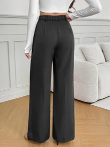 SHEIN Tall 女款黑色高腰寬腿長褲，優雅商務休閒工作西裝褲，高挑百搭純色秋冬款老錢風正裝褲 - 灰色 - 查看 2