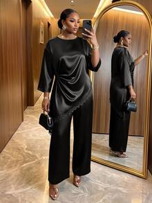 SHEIN Lady CURVE 大尺碼女款蕾絲拼接上衣與長褲休閒日常兩件套 秋季 - 黑色 - 查看 1