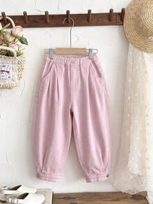 SHEIN Young Girl' Loose Fit Dark Blue Denim Pants - Pink - View 7