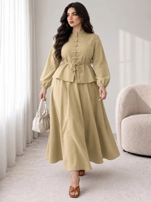 Solavon Plus Size Elegant Frog Button Long Sleeve Top And Long Skirt 2 Pieces Set - Khaki - View 5