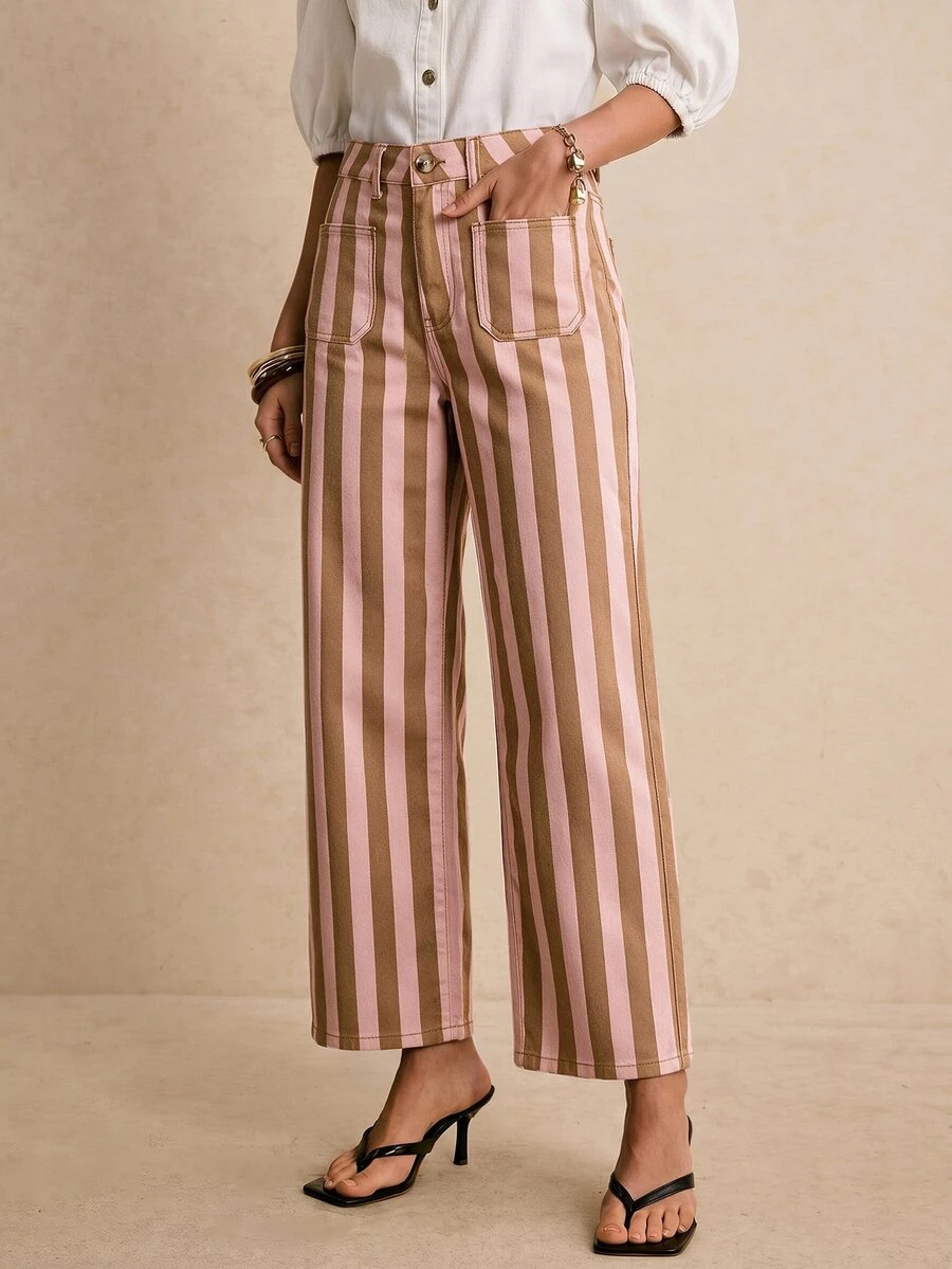 Poéselle Women's Fashion Button Pocket Striped Colorblock Jeans - Multicolor - View 1