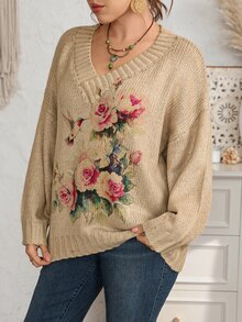 EMERY ROSE Plus Size Women's Floral Print Casual Everyday Long Sleeve Sweater ,Winter Outfit For Women - Khaki - View 5