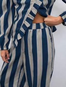 Nöista Women's Button Ruffle Trim Blouse And Striped Contrast Color Tapered Long Pants Set - Dusty Blue - View 9